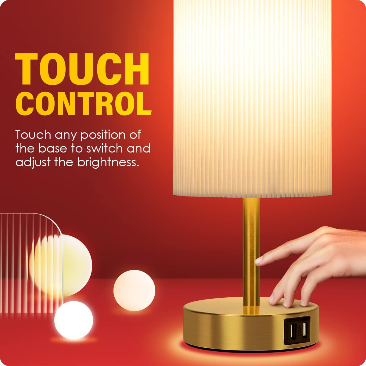 Bedside Table Lamp with USB Ports, Touch Dimmable Nightstand