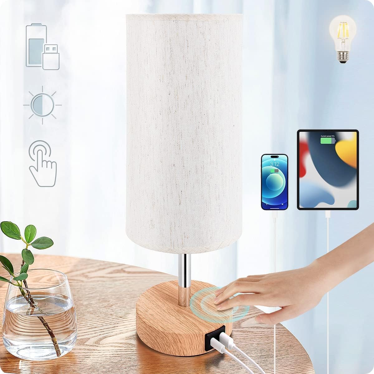 Bedside Table Lamp with USB Ports, Touch Dimmable Nightstand