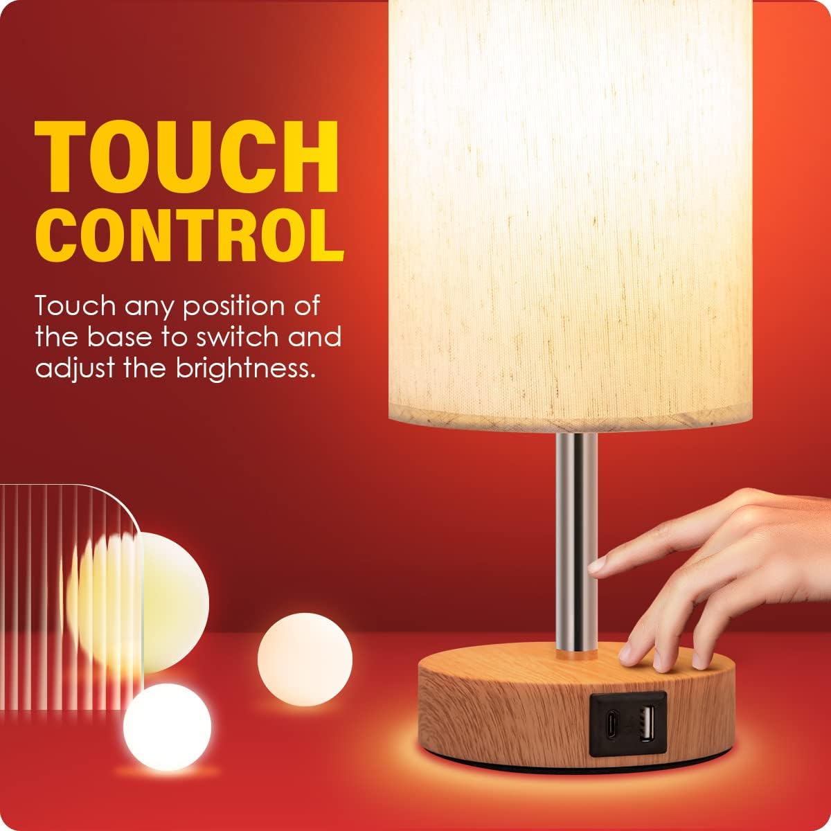 Bedside Table Lamp with USB Ports, Touch Dimmable Nightstand