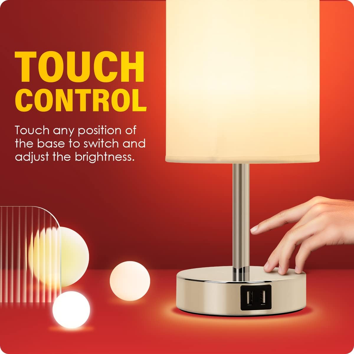 Bedside Table Lamp with USB Ports, Touch Dimmable Nightstand