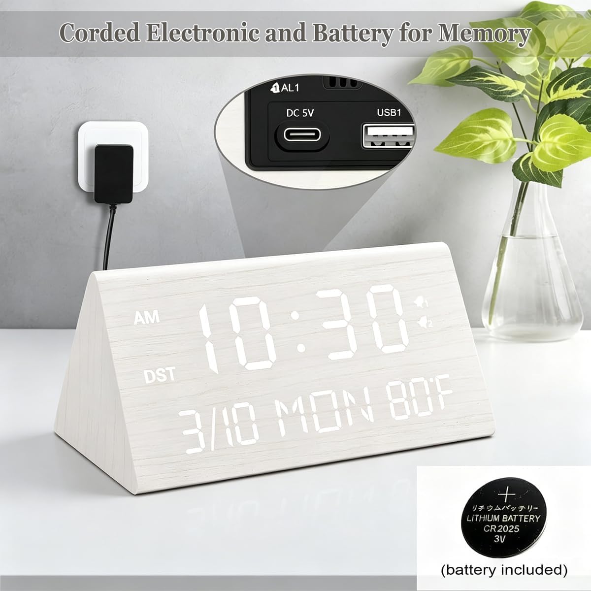 Premium Wooden Digital Alarm Clock with USB Charging Ports, Dimmable LED Display, Date, Day of Week, Temperature, DST, Clocks for Bedrooms, Desk, Nightstand, Bedside, Table, Office, Living Room Decor