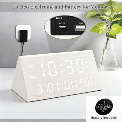 Premium Wooden Digital Alarm Clock with USB Charging Ports, Dimmable LED Display, Date, Day of Week, Temperature, DST, Clocks for Bedrooms, Desk, Nightstand, Bedside, Table, Office, Living Room Decor
