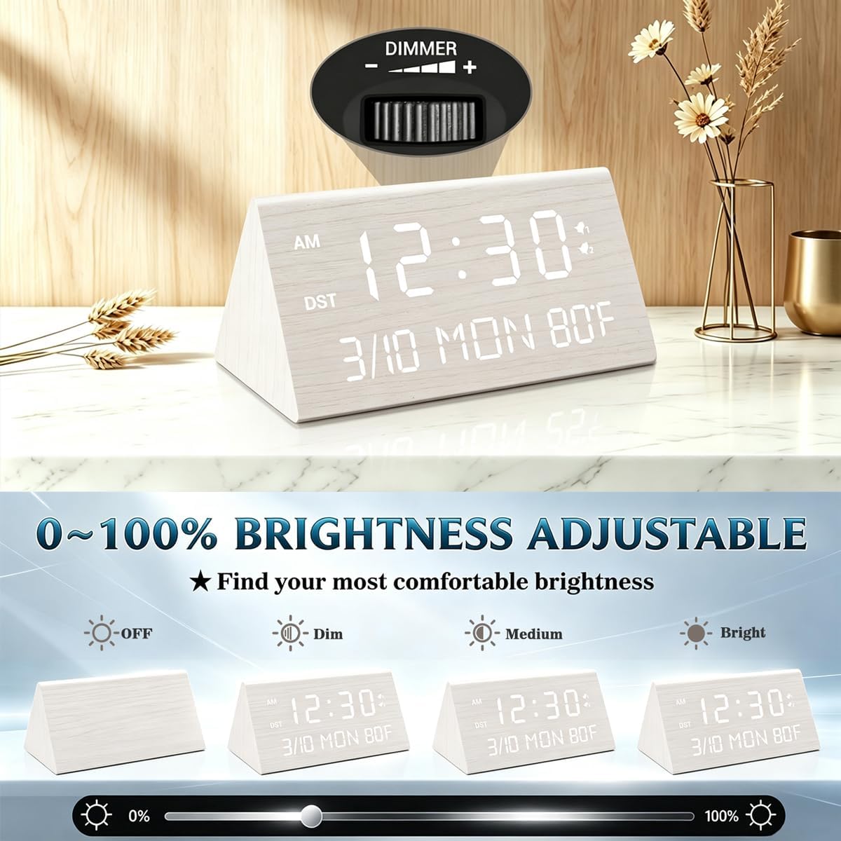 Premium Wooden Digital Alarm Clock with USB Charging Ports, Dimmable LED Display, Date, Day of Week, Temperature, DST, Clocks for Bedrooms, Desk, Nightstand, Bedside, Table, Office, Living Room Decor
