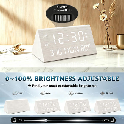 Premium Wooden Digital Alarm Clock with USB Charging Ports, Dimmable LED Display, Date, Day of Week, Temperature, DST, Clocks for Bedrooms, Desk, Nightstand, Bedside, Table, Office, Living Room Decor