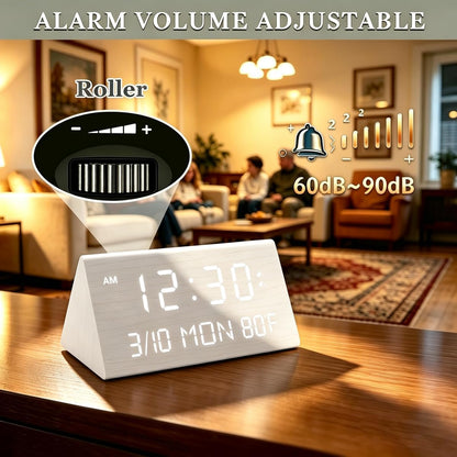 Premium Wooden Digital Alarm Clock with USB Charging Ports, Dimmable LED Display, Date, Day of Week, Temperature, DST, Clocks for Bedrooms, Desk, Nightstand, Bedside, Table, Office, Living Room Decor