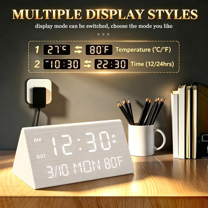 Premium Wooden Digital Alarm Clock with USB Charging Ports, Dimmable LED Display, Date, Day of Week, Temperature, DST, Clocks for Bedrooms, Desk, Nightstand, Bedside, Table, Office, Living Room Decor