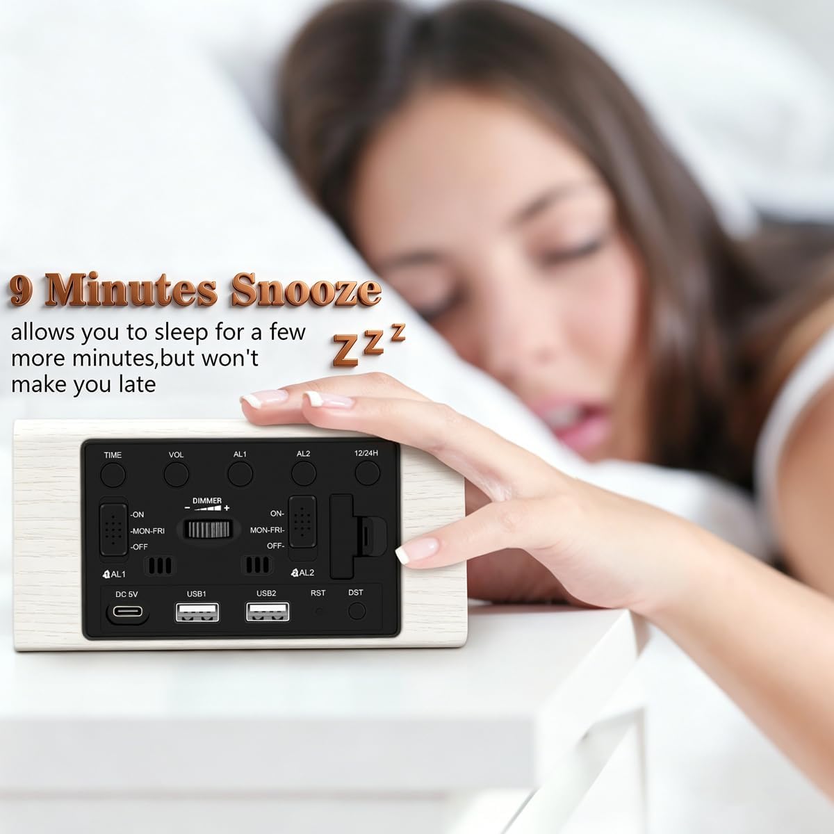 Premium Wooden Digital Alarm Clock with USB Charging Ports, Dimmable LED Display, Date, Day of Week, Temperature, DST, Clocks for Bedrooms, Desk, Nightstand, Bedside, Table, Office, Living Room Decor