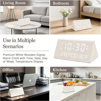 Premium Wooden Digital Alarm Clock with USB Charging Ports, Dimmable LED Display, Date, Day of Week, Temperature, DST, Clocks for Bedrooms, Desk, Nightstand, Bedside, Table, Office, Living Room Decor