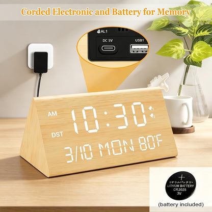 Premium Wooden Digital Alarm Clock with USB Charging Ports, Dimmable LED Display, Date, Day of Week, Temperature, DST, Clocks for Bedrooms, Desk, Nightstand, Bedside, Table, Office, Living Room Decor