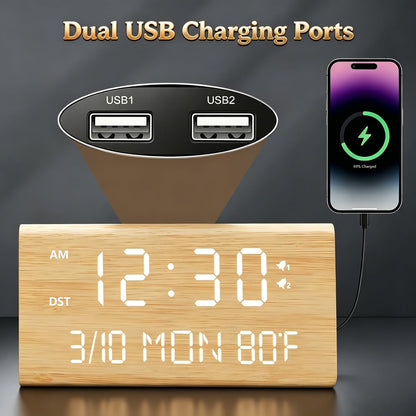 Premium Wooden Digital Alarm Clock with USB Charging Ports, Dimmable LED Display, Date, Day of Week, Temperature, DST, Clocks for Bedrooms, Desk, Nightstand, Bedside, Table, Office, Living Room Decor
