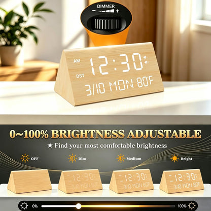 Premium Wooden Digital Alarm Clock with USB Charging Ports, Dimmable LED Display, Date, Day of Week, Temperature, DST, Clocks for Bedrooms, Desk, Nightstand, Bedside, Table, Office, Living Room Decor