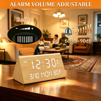 Premium Wooden Digital Alarm Clock with USB Charging Ports, Dimmable LED Display, Date, Day of Week, Temperature, DST, Clocks for Bedrooms, Desk, Nightstand, Bedside, Table, Office, Living Room Decor