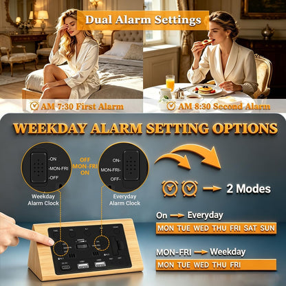 Premium Wooden Digital Alarm Clock with USB Charging Ports, Dimmable LED Display, Date, Day of Week, Temperature, DST, Clocks for Bedrooms, Desk, Nightstand, Bedside, Table, Office, Living Room Decor