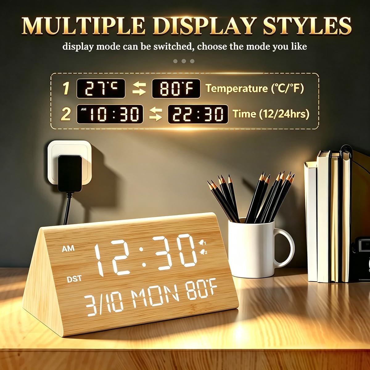 Premium Wooden Digital Alarm Clock with USB Charging Ports, Dimmable LED Display, Date, Day of Week, Temperature, DST, Clocks for Bedrooms, Desk, Nightstand, Bedside, Table, Office, Living Room Decor