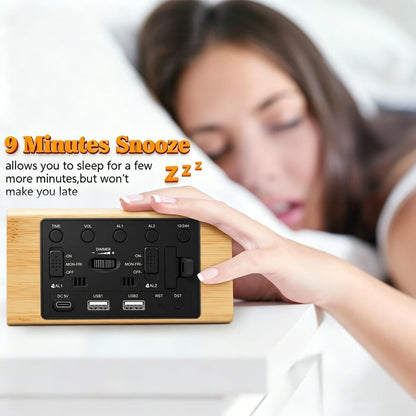 Premium Wooden Digital Alarm Clock with USB Charging Ports, Dimmable LED Display, Date, Day of Week, Temperature, DST, Clocks for Bedrooms, Desk, Nightstand, Bedside, Table, Office, Living Room Decor