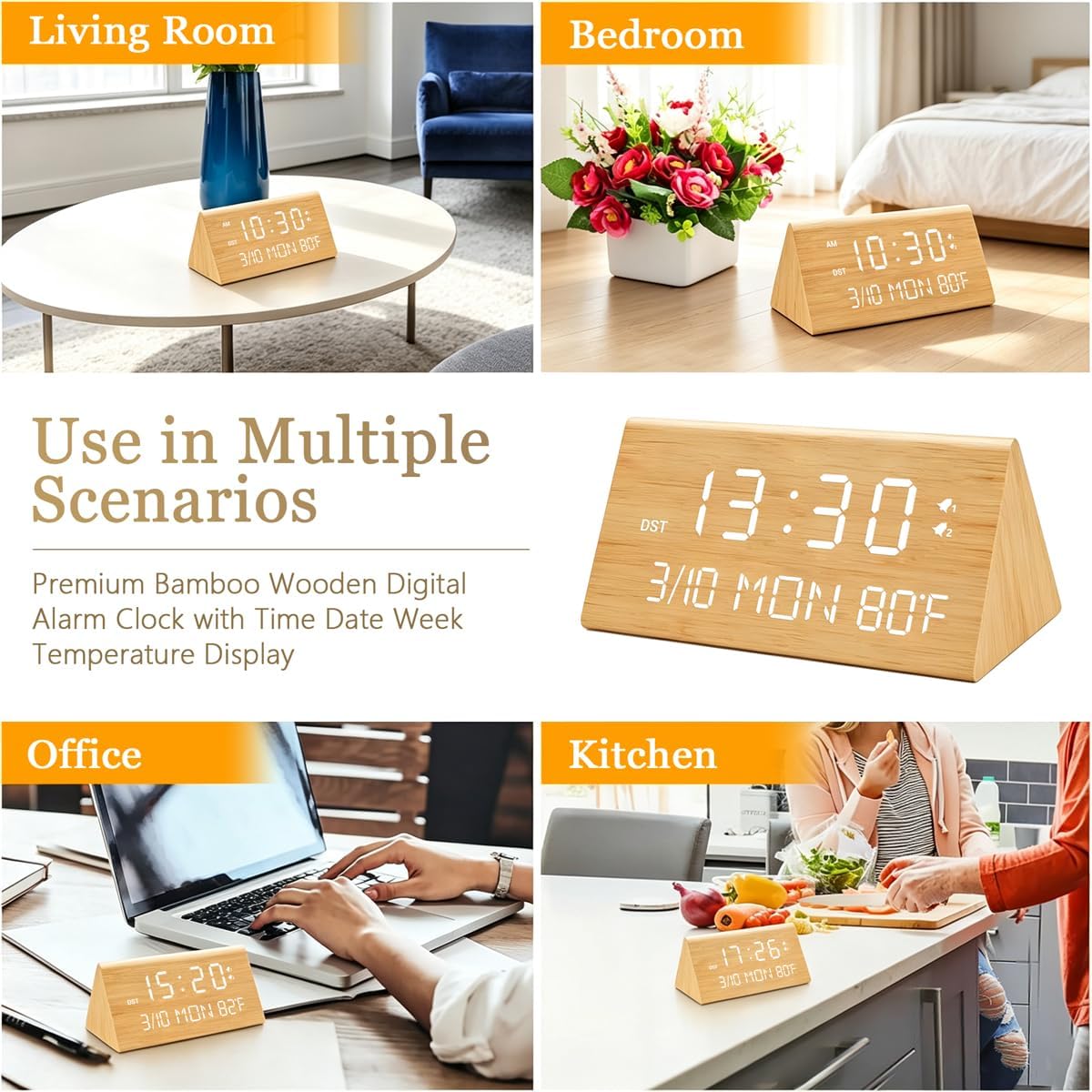 Premium Wooden Digital Alarm Clock with USB Charging Ports, Dimmable LED Display, Date, Day of Week, Temperature, DST, Clocks for Bedrooms, Desk, Nightstand, Bedside, Table, Office, Living Room Decor