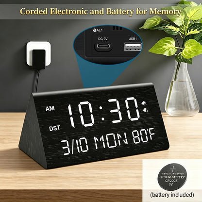 Premium Wooden Digital Alarm Clock with USB Charging Ports, Dimmable LED Display, Date, Day of Week, Temperature, DST, Clocks for Bedrooms, Desk, Nightstand, Bedside, Table, Office, Living Room Decor