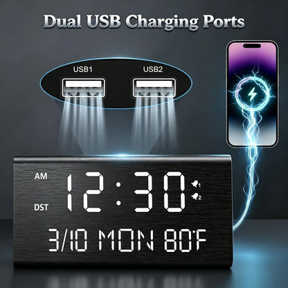 Premium Wooden Digital Alarm Clock with USB Charging Ports, Dimmable LED Display, Date, Day of Week, Temperature, DST, Clocks for Bedrooms, Desk, Nightstand, Bedside, Table, Office, Living Room Decor
