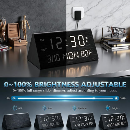 Premium Wooden Digital Alarm Clock with USB Charging Ports, Dimmable LED Display, Date, Day of Week, Temperature, DST, Clocks for Bedrooms, Desk, Nightstand, Bedside, Table, Office, Living Room Decor