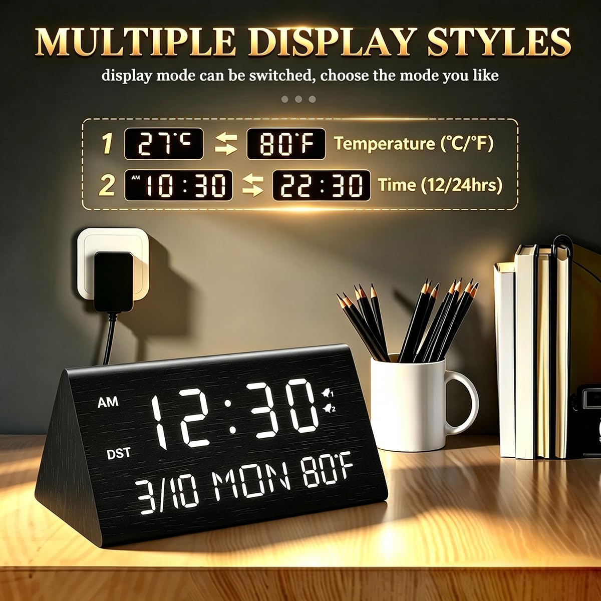 Premium Wooden Digital Alarm Clock with USB Charging Ports, Dimmable LED Display, Date, Day of Week, Temperature, DST, Clocks for Bedrooms, Desk, Nightstand, Bedside, Table, Office, Living Room Decor