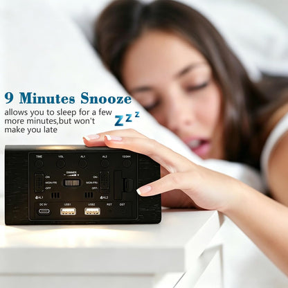 Premium Wooden Digital Alarm Clock with USB Charging Ports, Dimmable LED Display, Date, Day of Week, Temperature, DST, Clocks for Bedrooms, Desk, Nightstand, Bedside, Table, Office, Living Room Decor