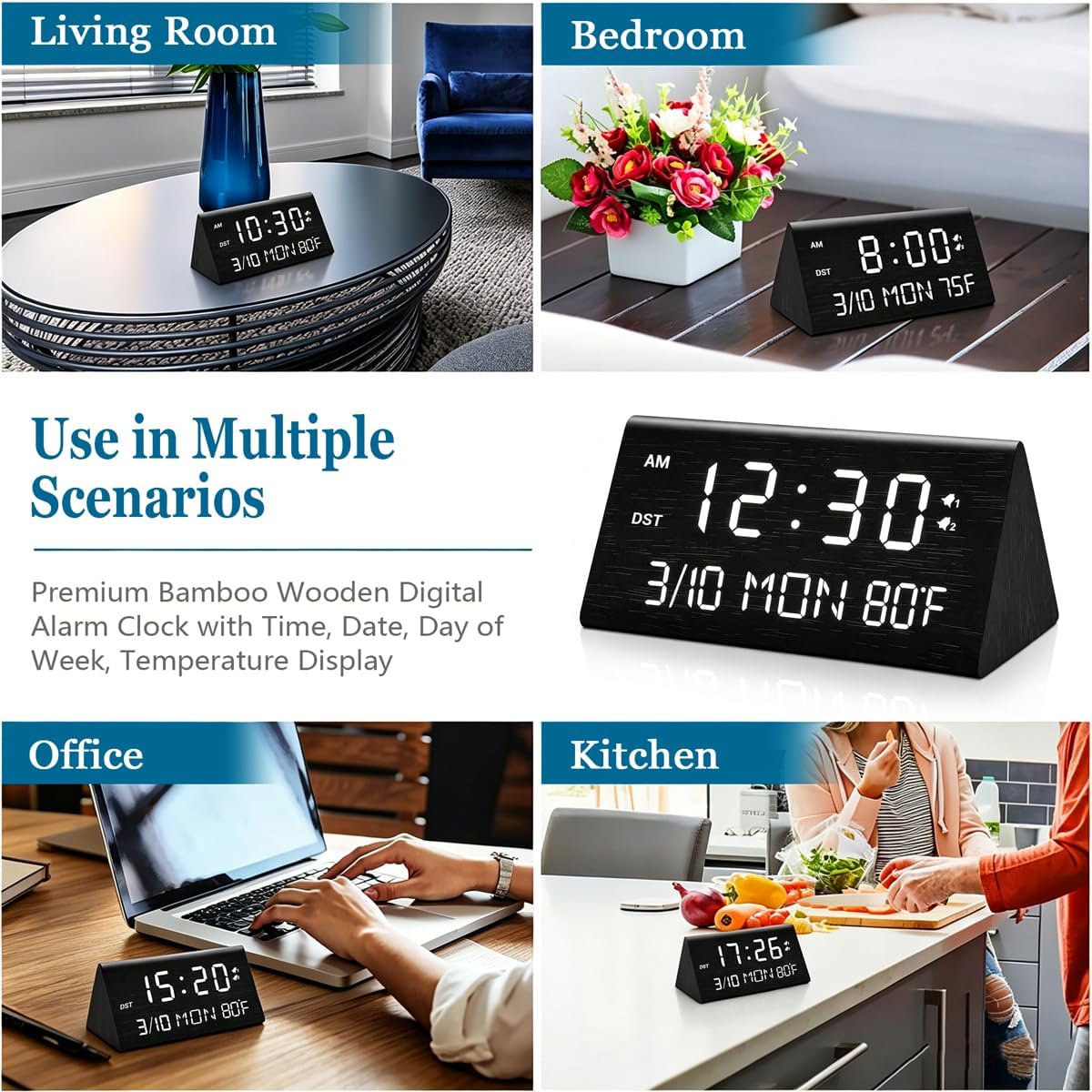 Premium Wooden Digital Alarm Clock with USB Charging Ports, Dimmable LED Display, Date, Day of Week, Temperature, DST, Clocks for Bedrooms, Desk, Nightstand, Bedside, Table, Office, Living Room Decor