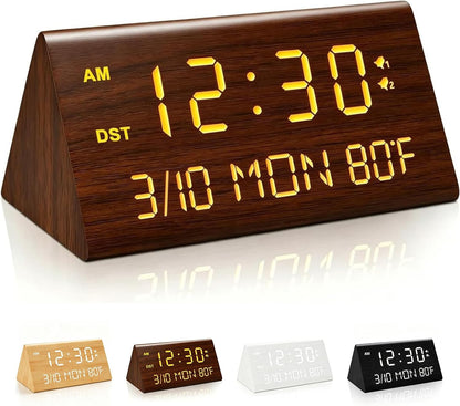 Premium Wooden Digital Alarm Clock with USB Charging Ports, Dimmable LED Display, Date, Day of Week, Temperature, DST, Clocks for Bedrooms, Desk, Nightstand, Bedside, Table, Office, Living Room Decor