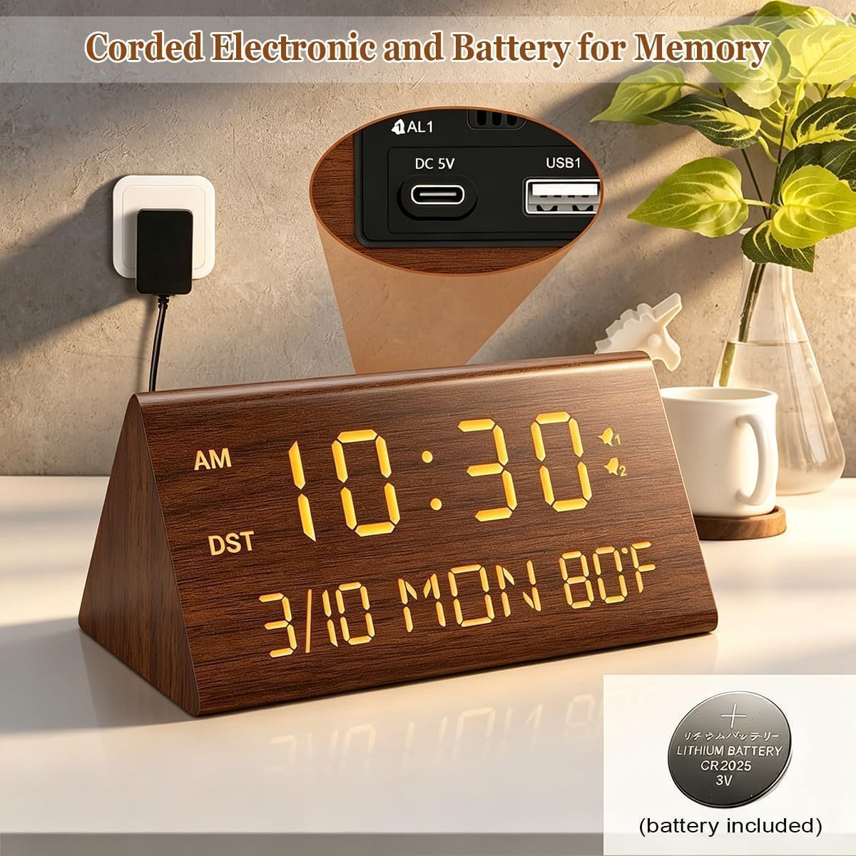 Premium Wooden Digital Alarm Clock with USB Charging Ports, Dimmable LED Display, Date, Day of Week, Temperature, DST, Clocks for Bedrooms, Desk, Nightstand, Bedside, Table, Office, Living Room Decor
