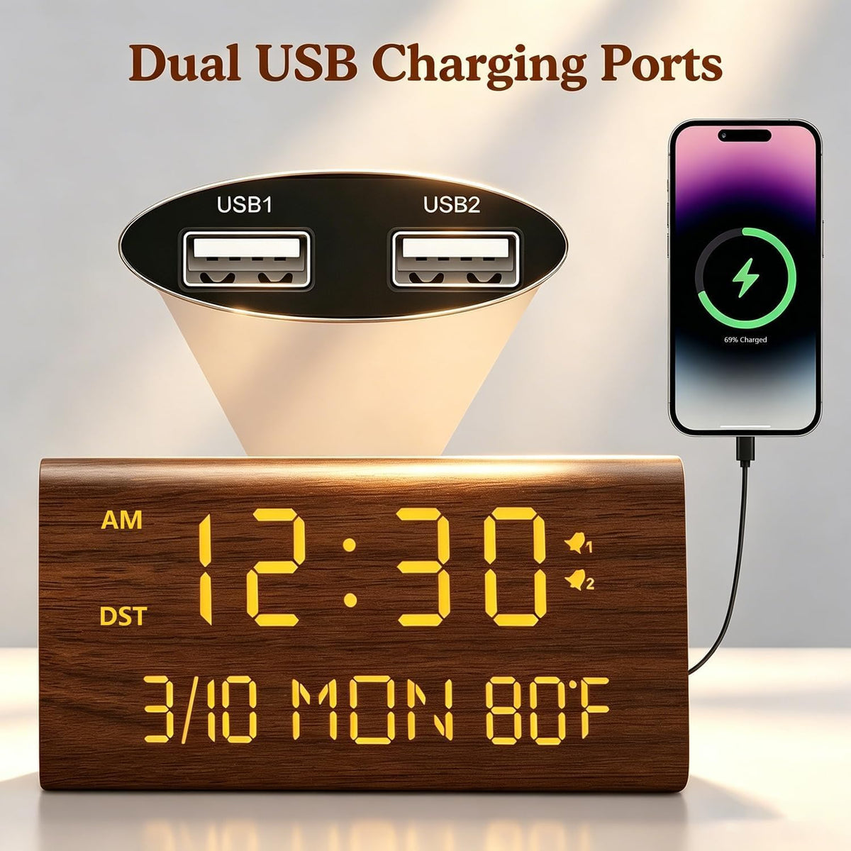 Premium Wooden Digital Alarm Clock with USB Charging Ports, Dimmable LED Display, Date, Day of Week, Temperature, DST, Clocks for Bedrooms, Desk, Nightstand, Bedside, Table, Office, Living Room Decor