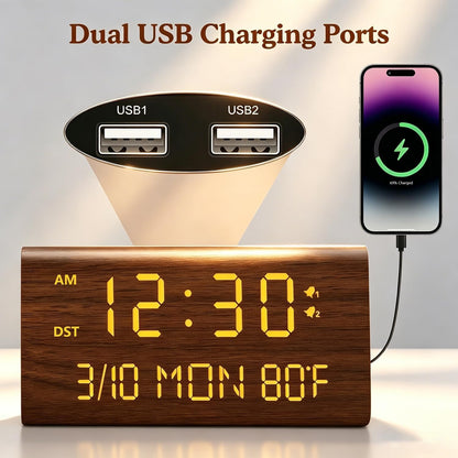 Premium Wooden Digital Alarm Clock with USB Charging Ports, Dimmable LED Display, Date, Day of Week, Temperature, DST, Clocks for Bedrooms, Desk, Nightstand, Bedside, Table, Office, Living Room Decor