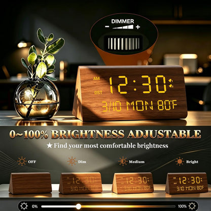 Premium Wooden Digital Alarm Clock with USB Charging Ports, Dimmable LED Display, Date, Day of Week, Temperature, DST, Clocks for Bedrooms, Desk, Nightstand, Bedside, Table, Office, Living Room Decor