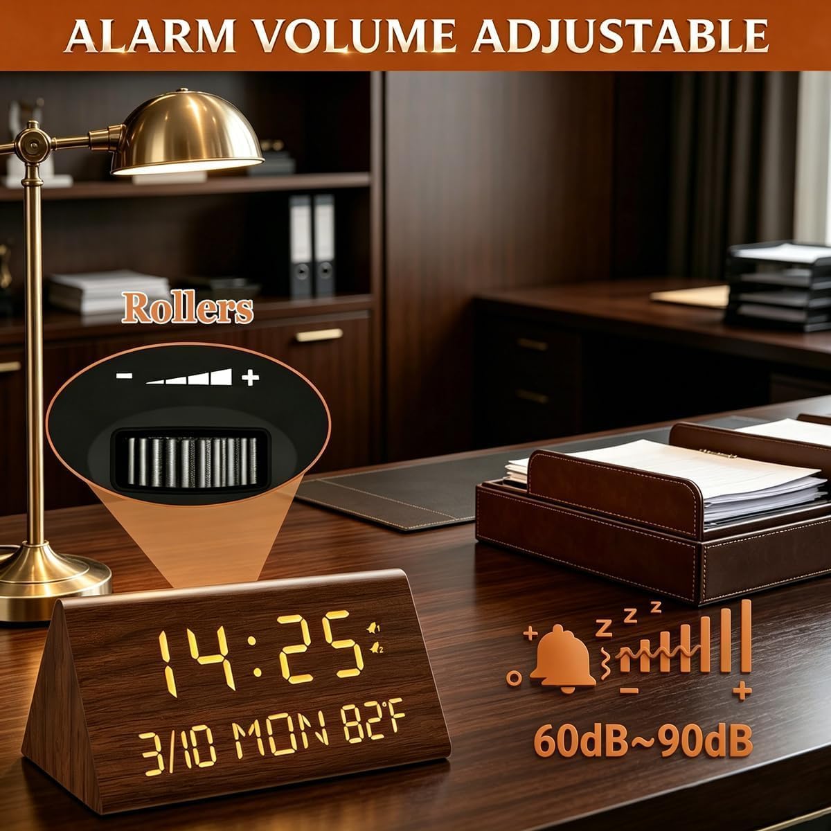 Premium Wooden Digital Alarm Clock with USB Charging Ports, Dimmable LED Display, Date, Day of Week, Temperature, DST, Clocks for Bedrooms, Desk, Nightstand, Bedside, Table, Office, Living Room Decor
