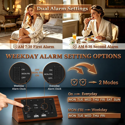 Premium Wooden Digital Alarm Clock with USB Charging Ports, Dimmable LED Display, Date, Day of Week, Temperature, DST, Clocks for Bedrooms, Desk, Nightstand, Bedside, Table, Office, Living Room Decor