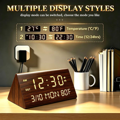 Premium Wooden Digital Alarm Clock with USB Charging Ports, Dimmable LED Display, Date, Day of Week, Temperature, DST, Clocks for Bedrooms, Desk, Nightstand, Bedside, Table, Office, Living Room Decor