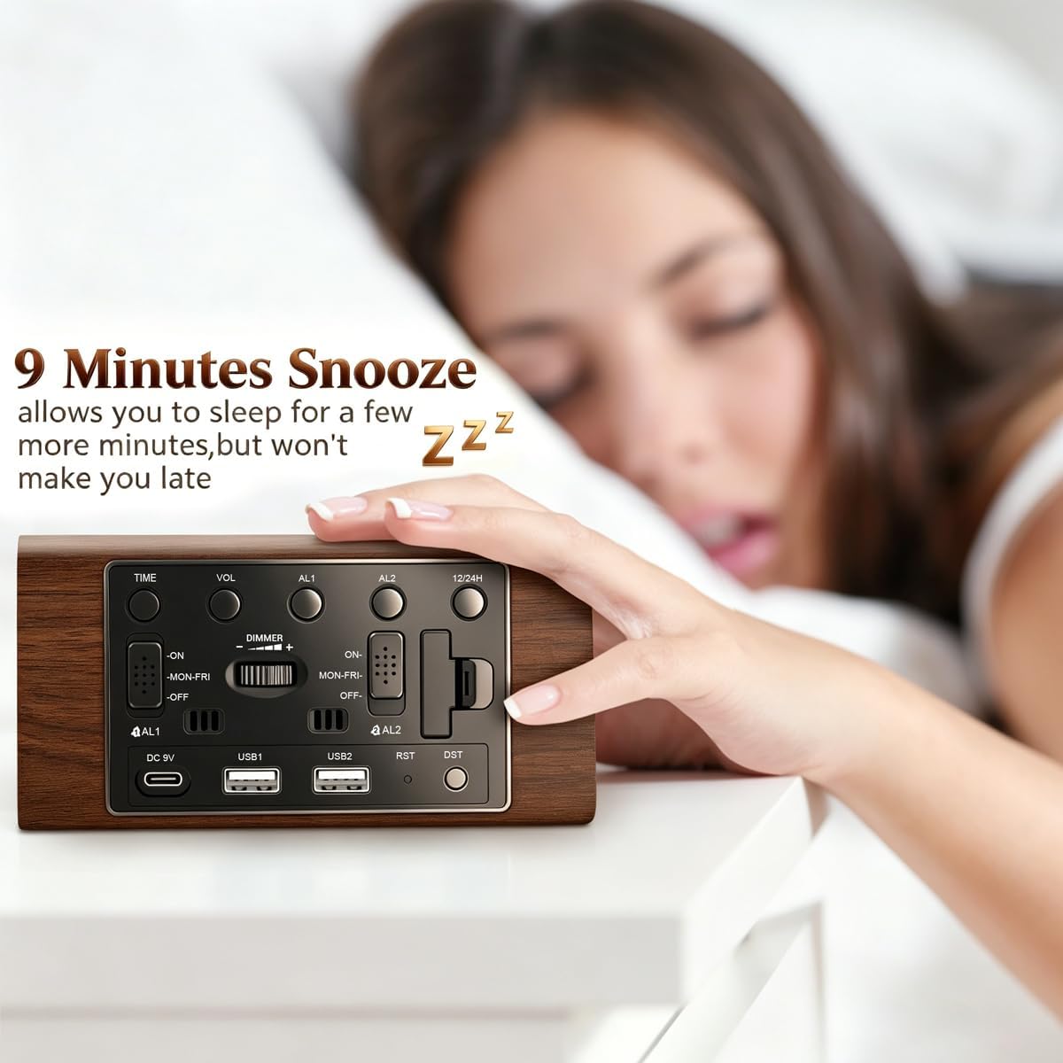 Premium Wooden Digital Alarm Clock with USB Charging Ports, Dimmable LED Display, Date, Day of Week, Temperature, DST, Clocks for Bedrooms, Desk, Nightstand, Bedside, Table, Office, Living Room Decor