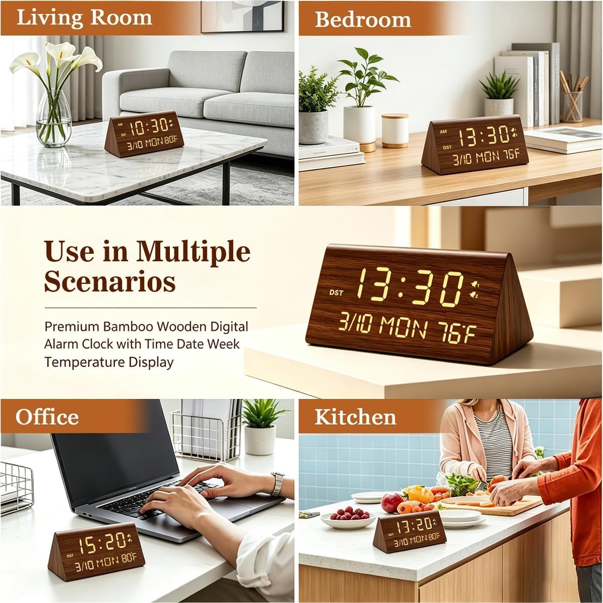 Premium Wooden Digital Alarm Clock with USB Charging Ports, Dimmable LED Display, Date, Day of Week, Temperature, DST, Clocks for Bedrooms, Desk, Nightstand, Bedside, Table, Office, Living Room Decor
