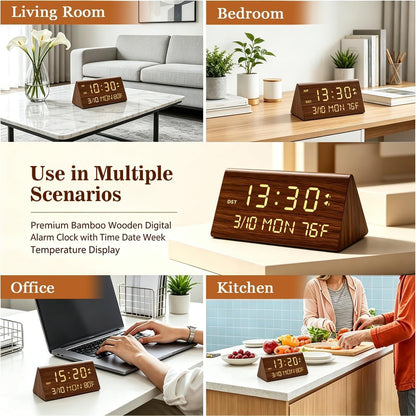 Premium Wooden Digital Alarm Clock with USB Charging Ports, Dimmable LED Display, Date, Day of Week, Temperature, DST, Clocks for Bedrooms, Desk, Nightstand, Bedside, Table, Office, Living Room Decor