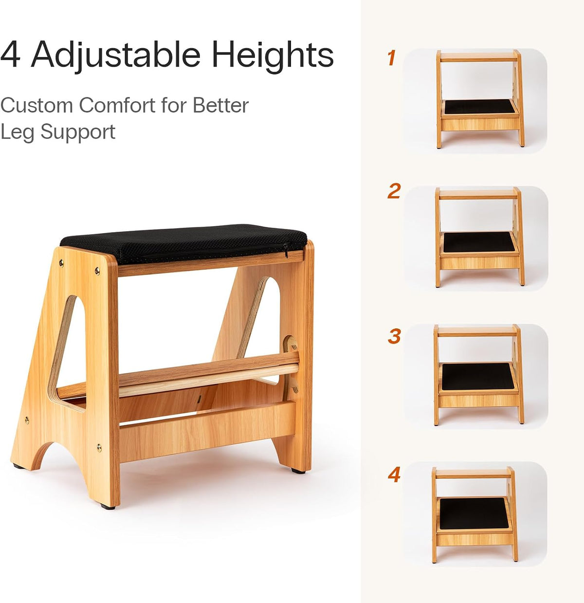 Under Desk Foot Stool, 4 Heights, Removable Cushion, 300 lb