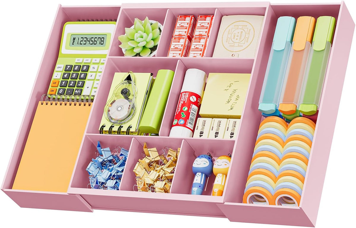 Expandable Desk Drawer Organizer, Clear Plastic Drawer Organizer Tray with 10 Adjustable Compartments, Desk Organizers and Accessories, 5 Drawer Dividers for Office Supplies, Makeup (Pink)