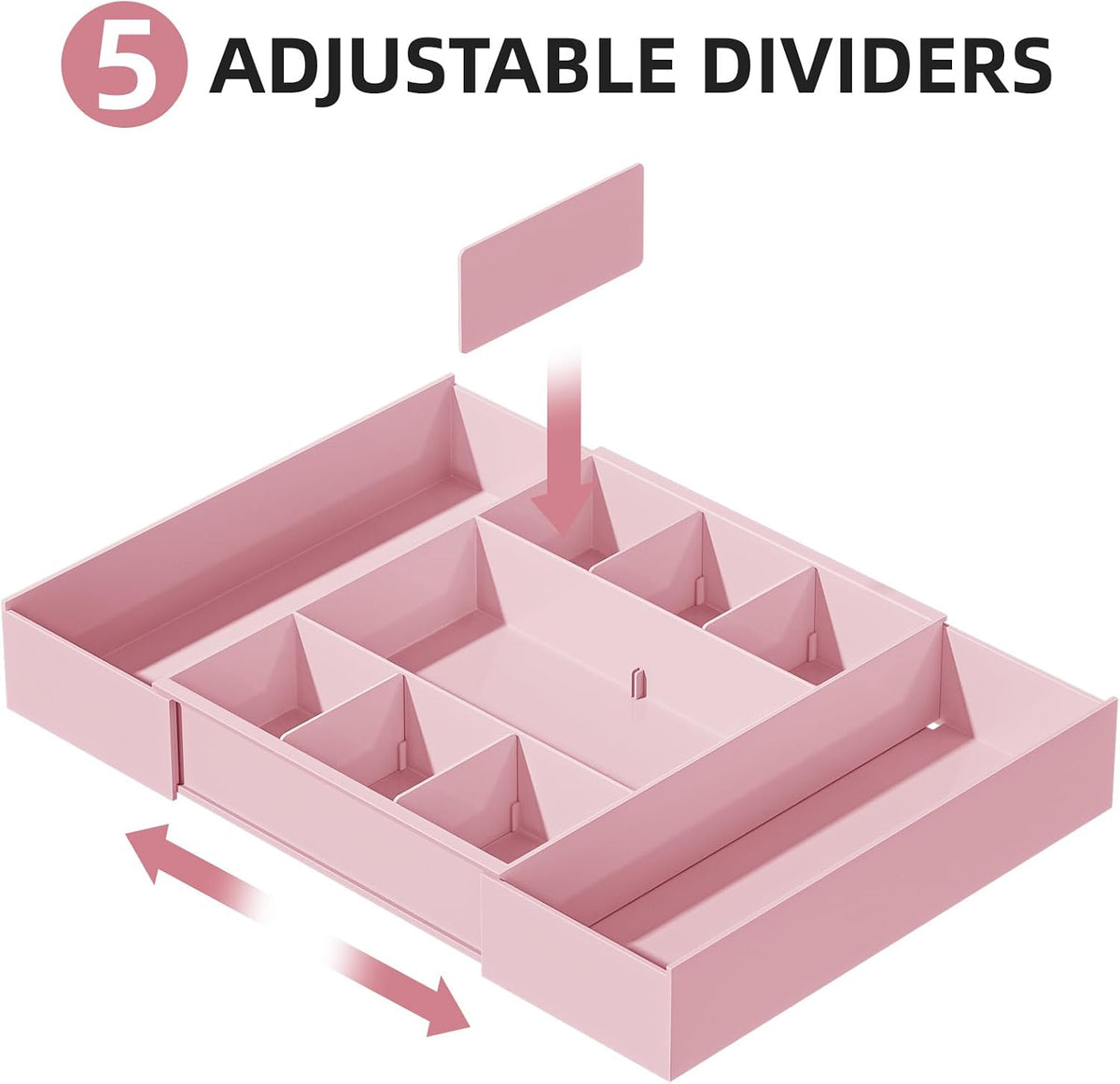 Expandable Desk Drawer Organizer, Clear Plastic Drawer Organizer Tray with 10 Adjustable Compartments, Desk Organizers and Accessories, 5 Drawer Dividers for Office Supplies, Makeup (Pink)