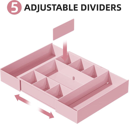 Expandable Desk Drawer Organizer, Clear Plastic Drawer Organizer Tray with 10 Adjustable Compartments, Desk Organizers and Accessories, 5 Drawer Dividers for Office Supplies, Makeup (Pink)