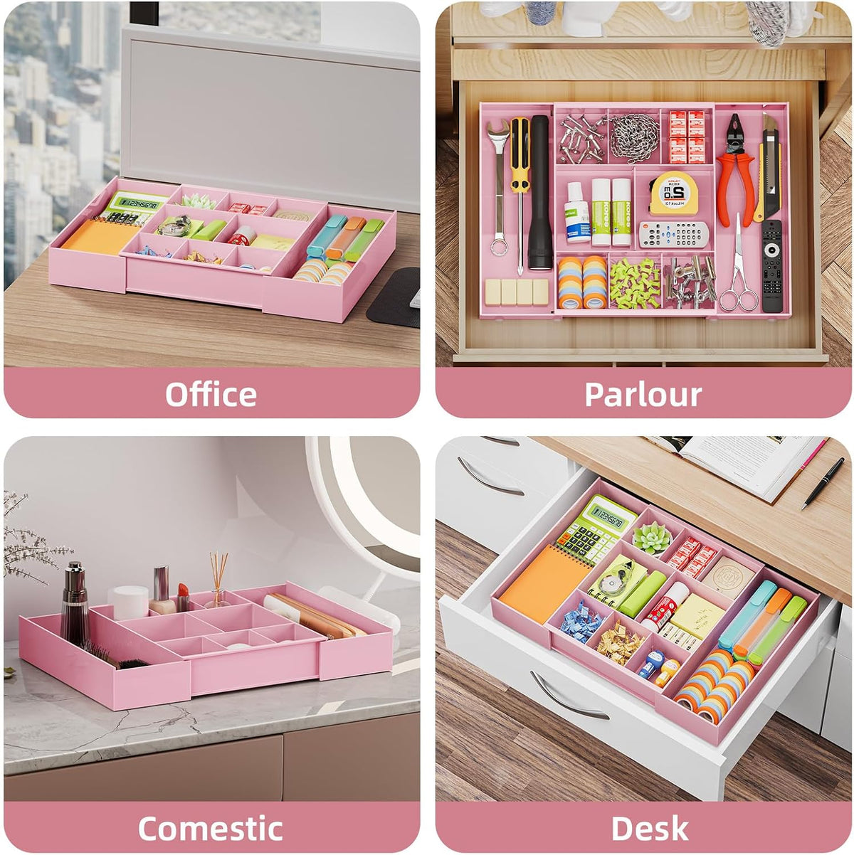Expandable Desk Drawer Organizer, Clear Plastic Drawer Organizer Tray with 10 Adjustable Compartments, Desk Organizers and Accessories, 5 Drawer Dividers for Office Supplies, Makeup (Pink)