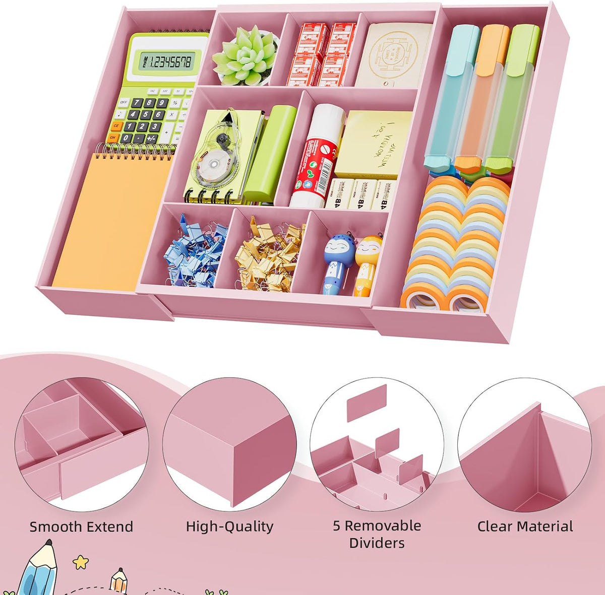 Expandable Desk Drawer Organizer, Clear Plastic Drawer Organizer Tray with 10 Adjustable Compartments, Desk Organizers and Accessories, 5 Drawer Dividers for Office Supplies, Makeup (Pink)