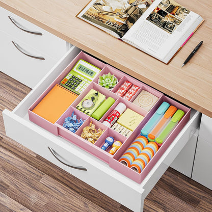 Expandable Desk Drawer Organizer, Clear Plastic Drawer Organizer Tray with 10 Adjustable Compartments, Desk Organizers and Accessories, 5 Drawer Dividers for Office Supplies, Makeup (Pink)