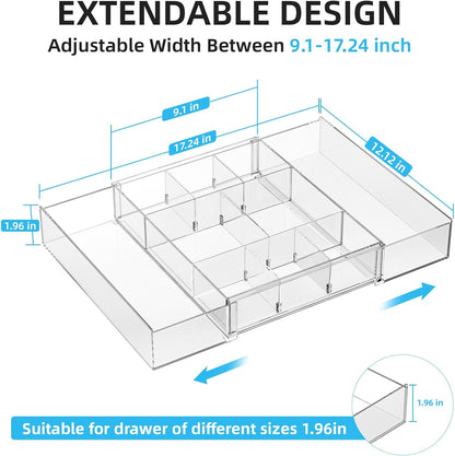 Expandable Desk Drawer Organizer, Clear Plastic Drawer Organizer Tray with 10 Adjustable Compartments, Desk Organizers and Accessories, 5 Drawer Dividers for Office Supplies, Makeup (Pink)