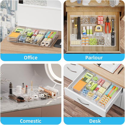 Expandable Desk Drawer Organizer, Clear Plastic Drawer Organizer Tray with 10 Adjustable Compartments, Desk Organizers and Accessories, 5 Drawer Dividers for Office Supplies, Makeup (Pink)