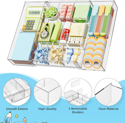 Expandable Desk Drawer Organizer, Clear Plastic Drawer Organizer Tray with 10 Adjustable Compartments, Desk Organizers and Accessories, 5 Drawer Dividers for Office Supplies, Makeup (Pink)