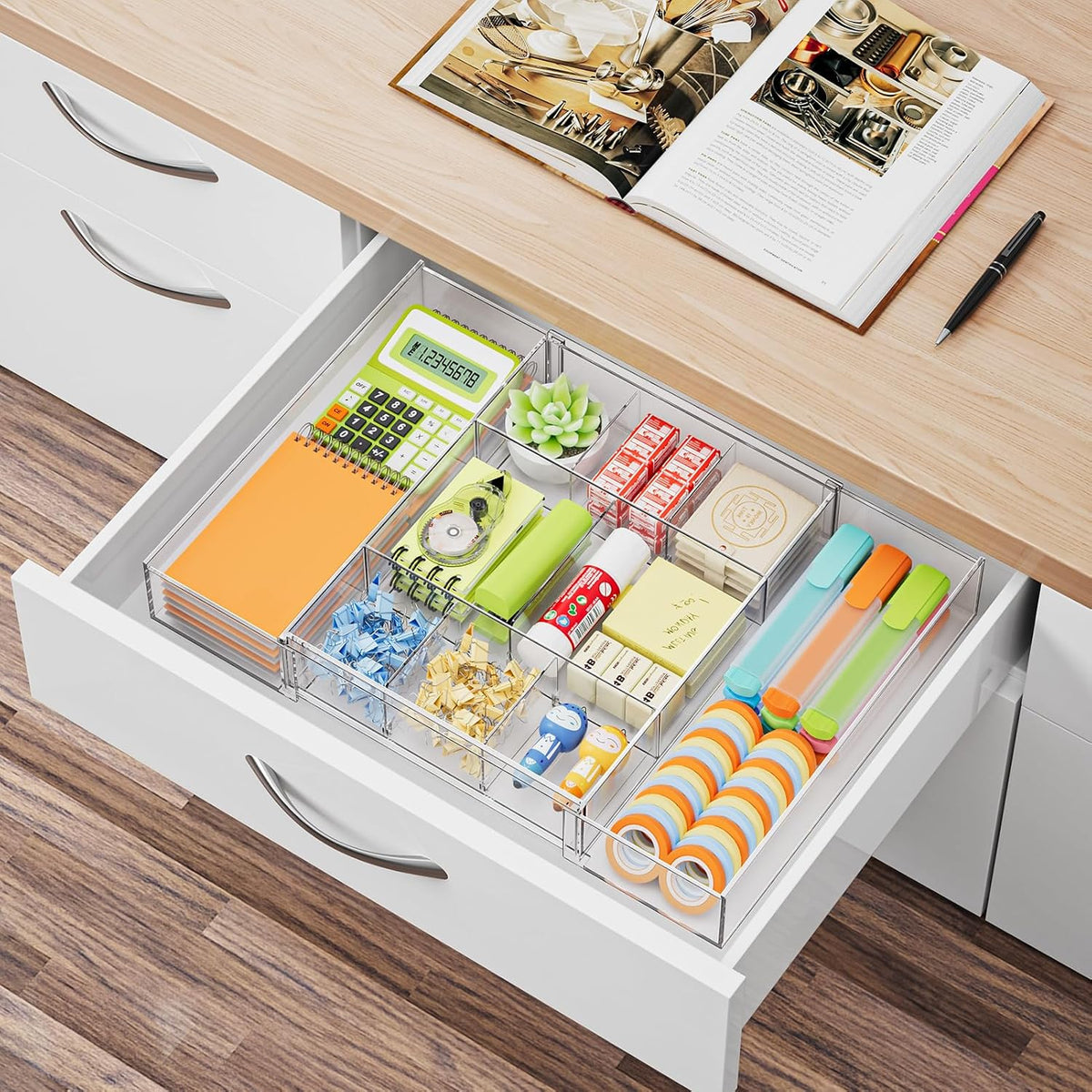 Expandable Desk Drawer Organizer, Clear Plastic Drawer Organizer Tray with 10 Adjustable Compartments, Desk Organizers and Accessories, 5 Drawer Dividers for Office Supplies, Makeup (Pink)