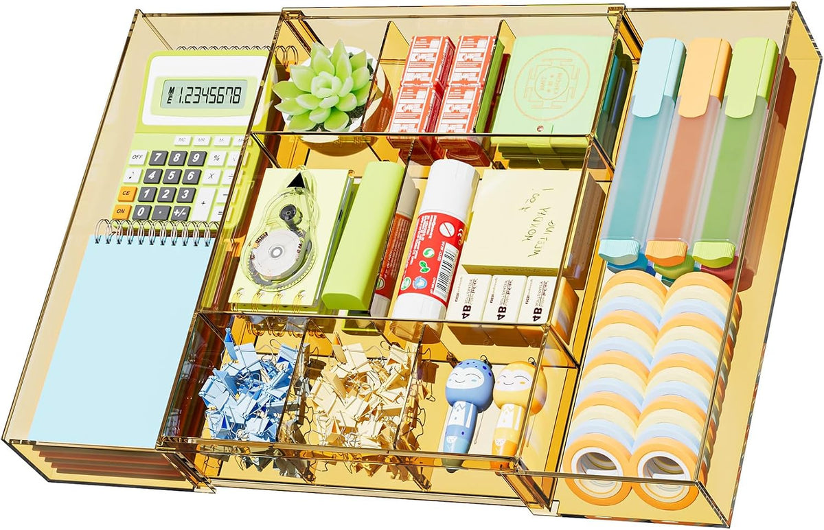 Expandable Desk Drawer Organizer, Clear Plastic Drawer Organizer Tray with 10 Adjustable Compartments, Desk Organizers and Accessories, 5 Drawer Dividers for Office Supplies, Makeup (Pink)