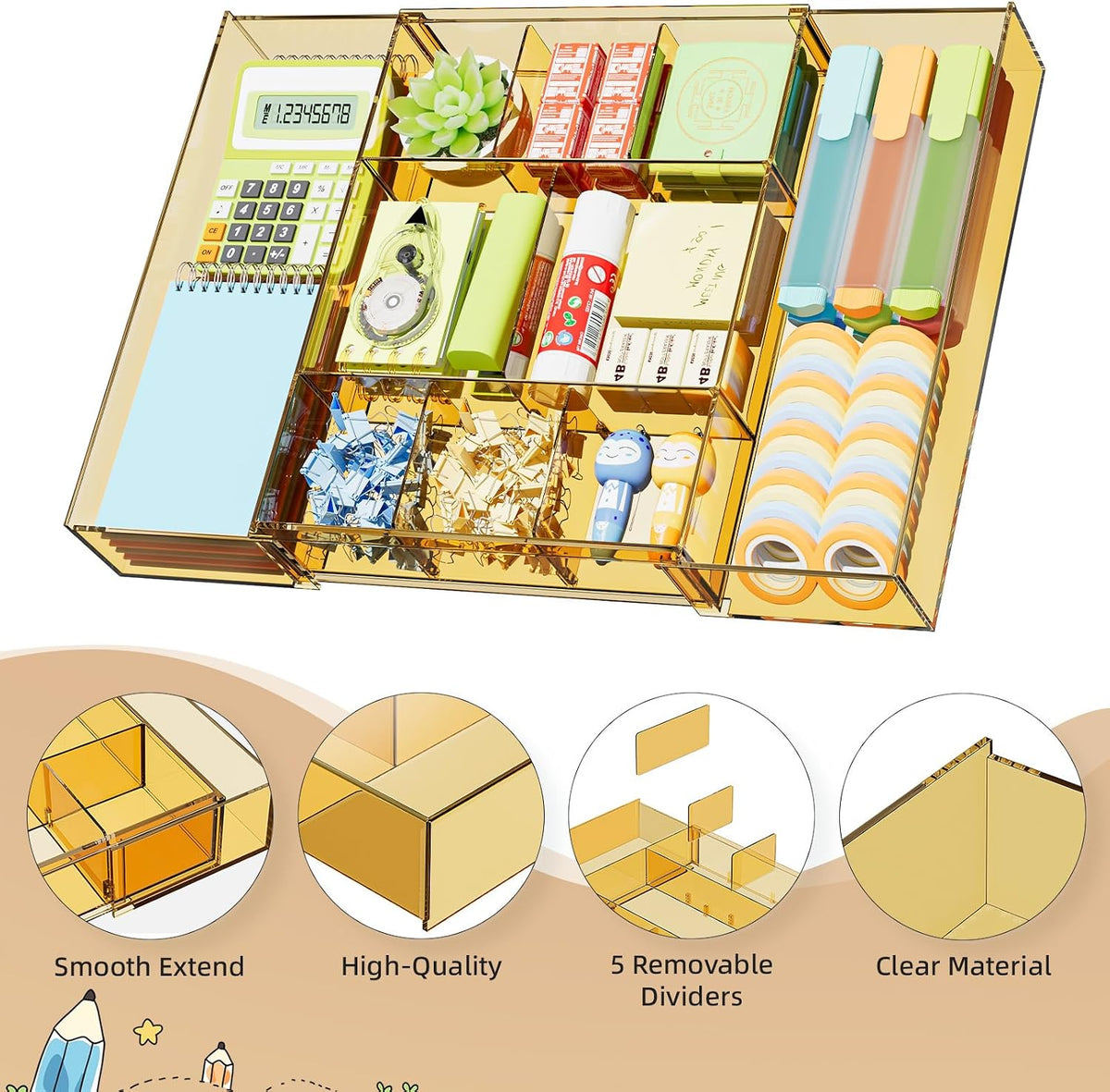 Expandable Desk Drawer Organizer, Clear Plastic Drawer Organizer Tray with 10 Adjustable Compartments, Desk Organizers and Accessories, 5 Drawer Dividers for Office Supplies, Makeup (Pink)